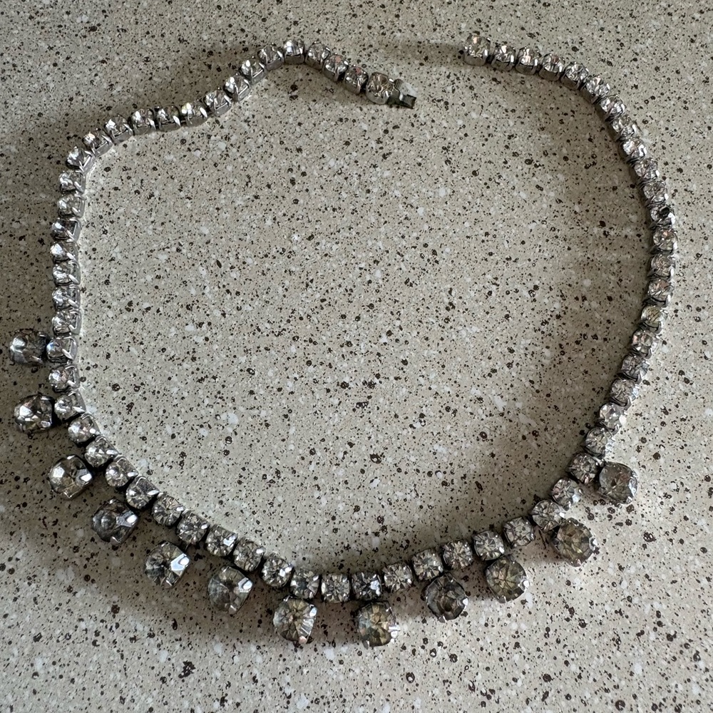 White Rhinestone Drop Tennis Necklace - Vintage Jewelry